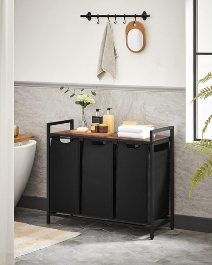 Laundry Hamper, Laundry Basket, Laundry Sorter with 3 Pull-Out and Removable Bags, Shelf, Metal Frame, 3 X 10.6 Gallons (40 L), 36.4 X 13 X 28.4 Inches, Ink Black and Rustic Brown UBLH301B01